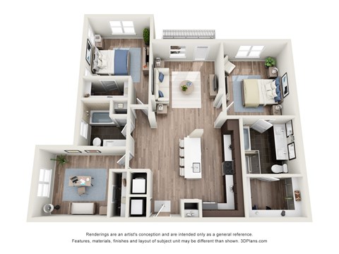 Floor plan for 3 beds, 2 baths, 1431 sqft